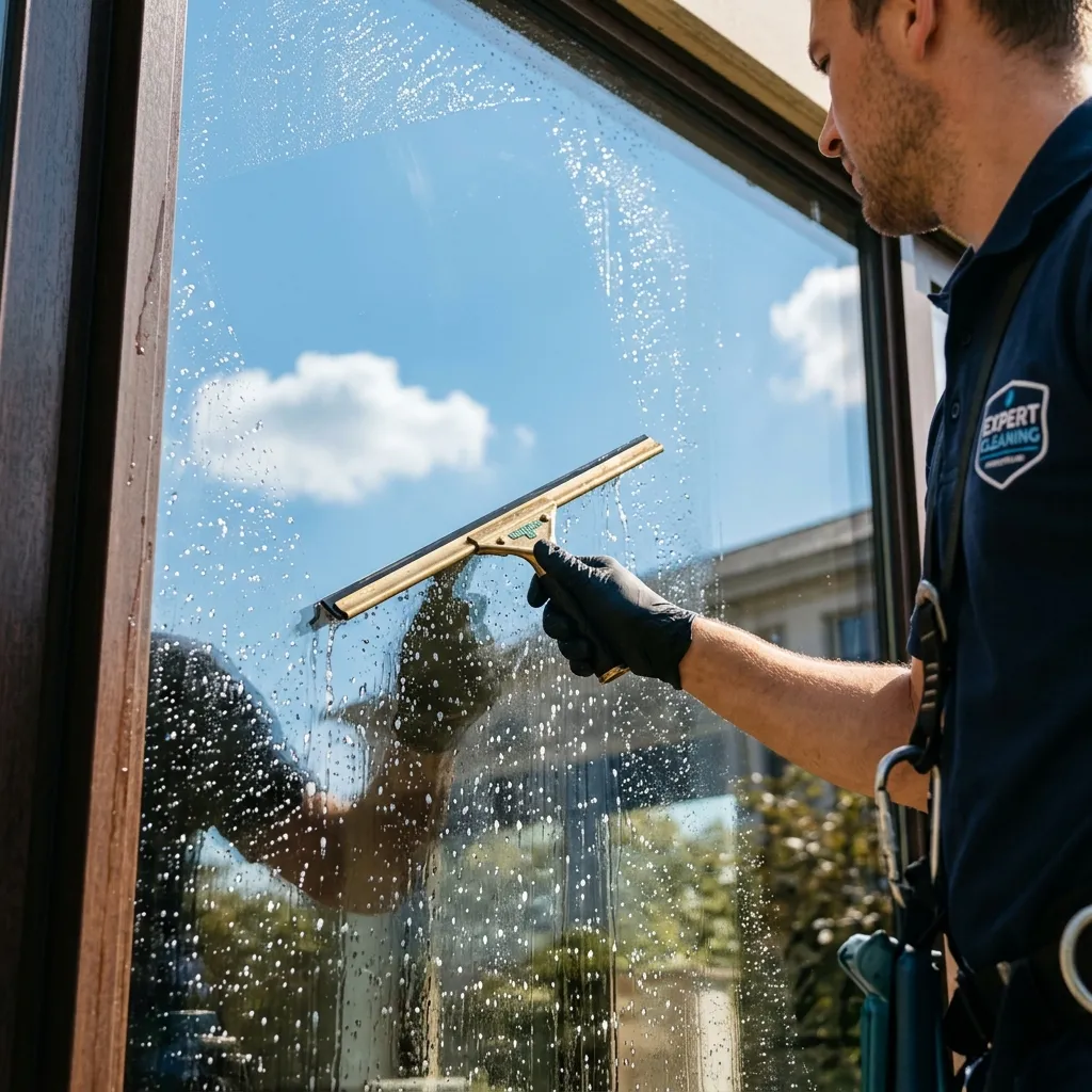 Nahaufnahme eines Fensterreinigers, der eine Fensterscheibe mit einem Abzieher reinigt, während sich der blaue Himmel spiegelt